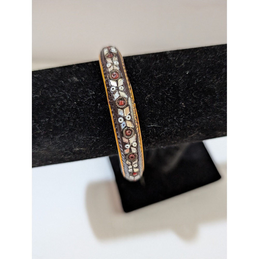 Vintage Indian Lac Bangle Bracelet Mirror Work Mosaic Black Red Gold 7.75 In